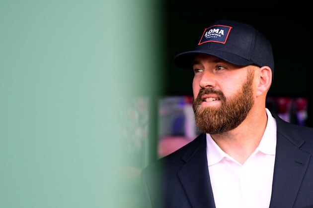 BOSTON, MA - MAY 25:  Former Red Sox players Kevin Youkilis looks on before he is inducted into the Boston Red Sox hall of fame during a ceremony before a game against the Atlanta Braves at Fenway Park on May 25, 2018 in Boston, Massachusetts.  (Photo by Adam Glanzman/Getty Images)