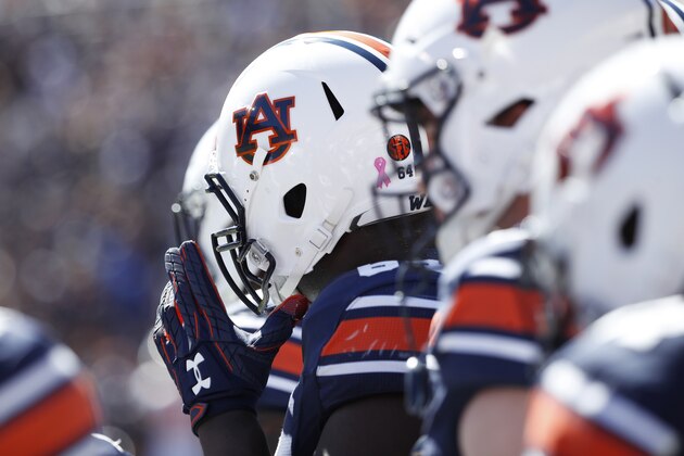 AUBURN, AL - OCTOBER 13: Detailed view of Auburn Tigers helmets and Under Armour equipment during the game against the Tennessee Volunteers at Jordan Hare Stadium on October 13, 2018 in Auburn, Alabama. (Photo by Joe Robbins/Getty Images)