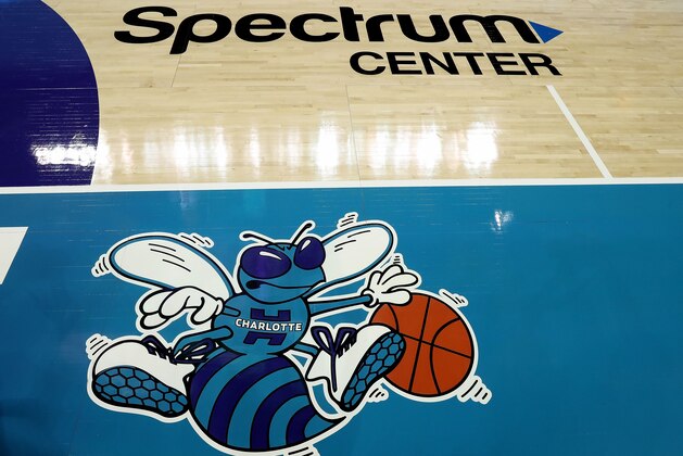 CHARLOTTE, NC - OCTOBER 17:  A detailed view of the original logo of the Charlotte Hornets on display on the court ahead of opening night against the Milwaukee Bucks at Spectrum Center on October 17, 2018 in Charlotte, North Carolina. NOTE TO USER: User expressly acknowledges and agrees that, by downloading and or using this photograph, User is consenting to the terms and conditions of the Getty Images License Agreement.  (Photo by Streeter Lecka/Getty Images)