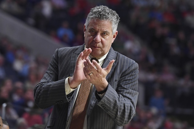 Auburn head coach Bruce Pearl reacts during the first overtime of an NCAA college basketball game against Mississippi in Oxford, Miss., Wednesday, Jan. 29, 2020. No. 17 Auburn won 83-82. (AP Photo/Thomas Graning)