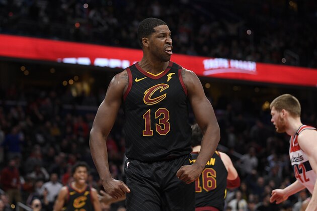 Cleveland Cavaliers center Tristan Thompson (13) reacts during the second half of an NBA basketball game against the Washington Wizards, Friday, Feb. 21, 2020, in Washington. The Cavaliers won 113-108. (AP Photo/Nick Wass) Cleveland Cavaliers center Tristan Thompson (13) reacts during the second half of an NBA basketball game against the Washington Wizards, Friday, Feb. 21, 2020, in Washington. The Cavaliers won 113-108. (AP Photo/Nick Wass)