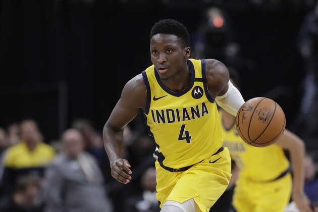 Indiana Pacers' Victor Oladipo (4) dribbles during the second half of an NBA basketball game against the Toronto Raptors, Friday, Feb. 7, 2020, in Indianapolis. Toronto won 115-106. (AP Photo/Darron Cummings)