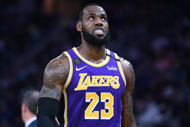 SAN FRANCISCO, CALIFORNIA - FEBRUARY 08: LeBron James #23 of the Los Angeles Lakers looks on against the Golden State Warriors during an NBA basketball game at Chase Center on February 08, 2020 in San Francisco, California. NOTE TO USER: User expressly acknowledges and agrees that, by downloading and or using this photograph, User is consenting to the terms and conditions of the Getty Images License Agreement. (Photo by Thearon W. Henderson/Getty Images)