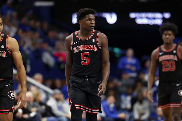 Georgia's Anthony Edwards (5) catches his breath during an NCAA college basketball game against Kentucky in Lexington, Ky., Tuesday, Jan 21, 2020. Kentucky won 89-79. (AP Photo/James Crisp)