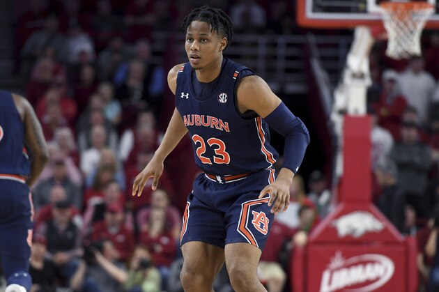 Auburn forward Isaac Okoro against Arkansas during the first half of an NCAA college basketball game Tuesday, Feb. 4, 2020, in Fayetteville, Arkansas. (AP Photo/Michael Woods)