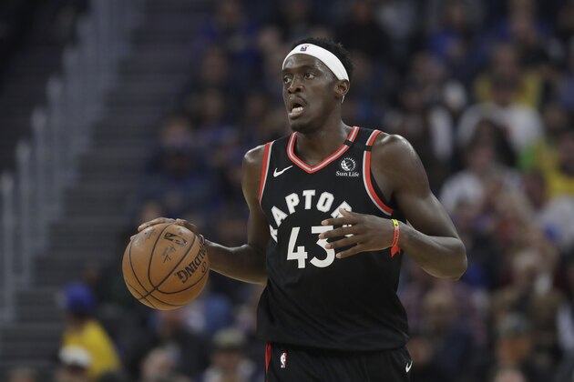 Toronto Raptors forward Pascal Siakam (43) against the Golden State Warriors during an NBA basketball game in San Francisco, Thursday, March 5, 2020. (AP Photo/Jeff Chiu)