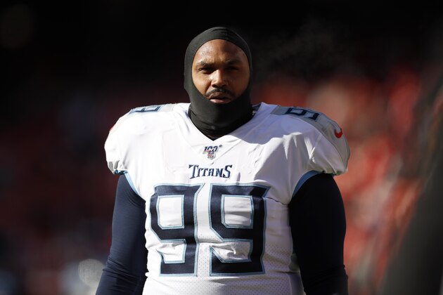 Tennessee Titans defensive end Jurrell Casey (99) before the NFL AFC Championship football game against the Kansas City Chiefs Sunday, Jan. 19, 2020, in Kansas City, MO. (AP Photo/Jeff Roberson)