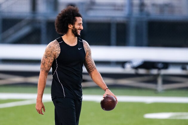 RIVERDALE, GA - NOVEMBER 16: Colin Kaepernick looks on during his NFL workout held at Charles R Drew high school on November 16, 2019 in Riverdale, Georgia. (Photo by Carmen Mandato/Getty Images)