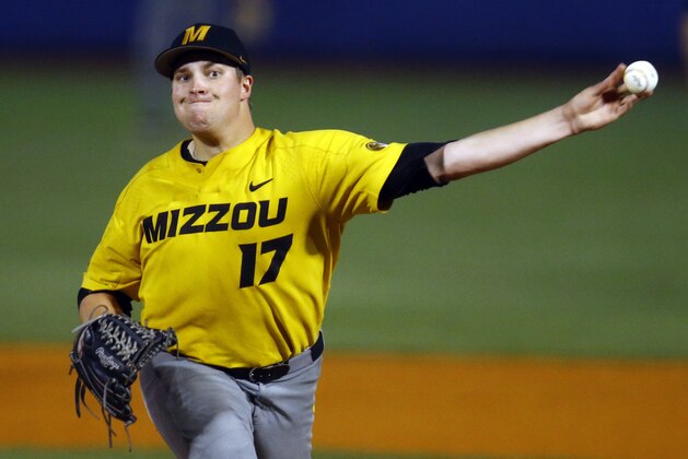Missouri's T.J. Sikkema (17) throws a pitch during the first inning of a Southeastern Conference tournament NCAA college baseball game against South Carolina, Tuesday, May 22, 2018, in Hoover, Ala. (AP Photo/Butch Dill)