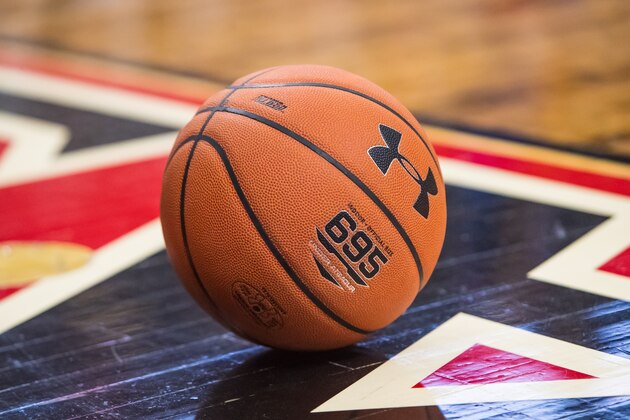 LUBBOCK, TEXAS - MARCH 07: An Under Armour basketball sits on the court during a timeout during the first half of the college basketball game against the Kansas Jayhawks on March 07, 2020 at United Supermarkets Arena in Lubbock, Texas. (Photo by John E. Moore III/Getty Images)
