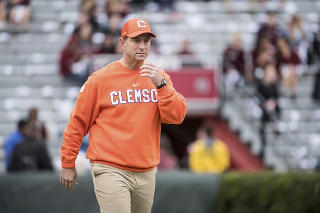 Clemson head coach Dabo Swinney walks across the field before an NCAA college football game against South Carolina Saturday, Nov. 30, 2019, in Columbia, S.C. Clemson defeated South Carolina 38-3. (AP Photo/Sean Rayford)