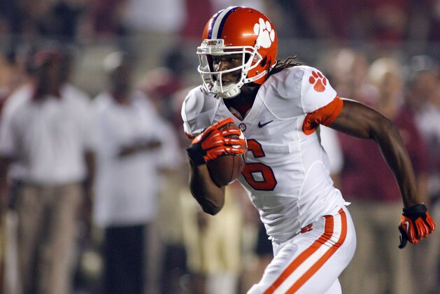 FILE - In tis Sept. 22, 2012, file photo, Clemson wide receiver DeAndre Hopkins (6) heads for the end zone for a 60-yard touchdown reception during the first quarter of an NCAA college football game against Florida State in Tallahassee, Fla. Clemson record-setting receiver is heading to the NFL and skipping his final season of college. (AP Photo/Phil Sears, File)