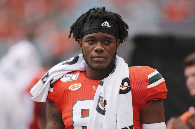 MIAMI, FLORIDA - OCTOBER 19:  Michael Irvin II #87 of the Miami Hurricanes looks on against the Georgia Tech Yellow Jackets during the first half at Hard Rock Stadium on October 19, 2019 in Miami, Florida. (Photo by Michael Reaves/Getty Images)