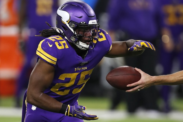 Minnesota Vikings running back Alexander Mattison (25) takes the handoff against the Washington Redskins during an NFL football game, Thursday, Oct. 24, 2019, in Minneapolis. (Jeff Haynes/AP Images for Panini)