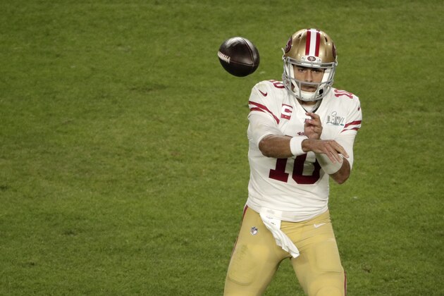 49ers Chiefs Super Bowl Football San Francisco 49ers quarterback Jimmy Garoppolo throws during the second half of the NFL Super Bowl 54 football game against the Kansas City Chiefs, Sunday, Feb. 2, 2020, in Miami Gardens, Fla. (AP Photo/Charlie Riedel)