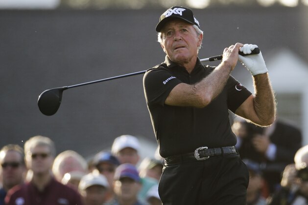 Gary Player hits a ceremonial tee shot on the first hole during the first round for the Masters golf tournament Thursday, April 11, 2019, in Augusta, Ga. (AP Photo/Charlie Riedel) Gary Player hits a ceremonial tee shot on the first hole during the first round for the Masters golf tournament Thursday, April 11, 2019, in Augusta, Ga. (AP Photo/Charlie Riedel)