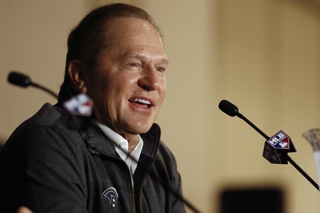 Baseball agent Scott Boras jokes during a news conference at the Major League Baseball winter meetings Monday, Dec. 9, 2019, in San Diego. Nationals pitcher and World Series MVP Stephen Strasburg agreed to a record $245 million, seven-year contract on Monday. (AP Photo/Gregory Bull)