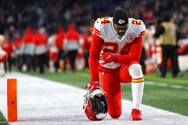 FOXBOROUGH, MASSACHUSETTS - DECEMBER 08: Jordan Lucas #24 of the Kansas City Chiefs prays in the end zone before the game against the New England Patriots at Gillette Stadium on December 08, 2019 in Foxborough, Massachusetts. (Photo by Maddie Meyer/Getty Images)