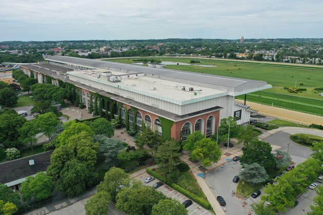 ELMONT, NEW YORK - JUNE 02: In an aerial view from a drone, Belmont Racetrack sits idle waiting for tomorrow's opening day races on June 02, 2020 in Elmont, New York. The start of the racing season was postponed this year due to the coronavirus pandemic. (Photo by Bruce Bennett/Getty Images)