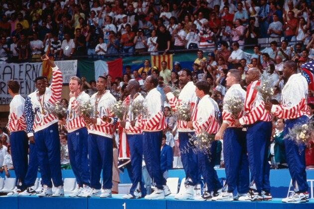 BARCELONA, SPAIN- AUGUST 8: The United States stands on the podium following the Gold Medal Basketball game between the United States and Croatia at the 1992 Olympics on August 8 1992 at the Palau Municipal d'Esports de badalona in Barcelona, Spain. The United States defeated Croatia 117-85 to win the gold medal. NOTE TO USER: User expressly acknowledges and agrees that, by downloading and or using this photograph, User is consenting to the terms and conditions of the Getty Images License Agreement. Mandatory Copyright Notice: Copyright 1992 NBAE (Photo by Andrew D. Bernstein/NBAE via Getty Images)