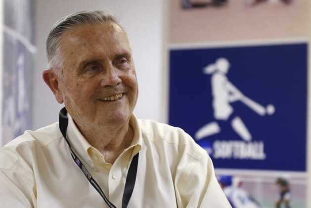 Don Porter, president of the International Softball Federation, talks about the federations' work to return softball to the Olympics, during an interview in Oklahoma City, Saturday, July 13, 2013. (AP Photo/Sue Ogrocki)