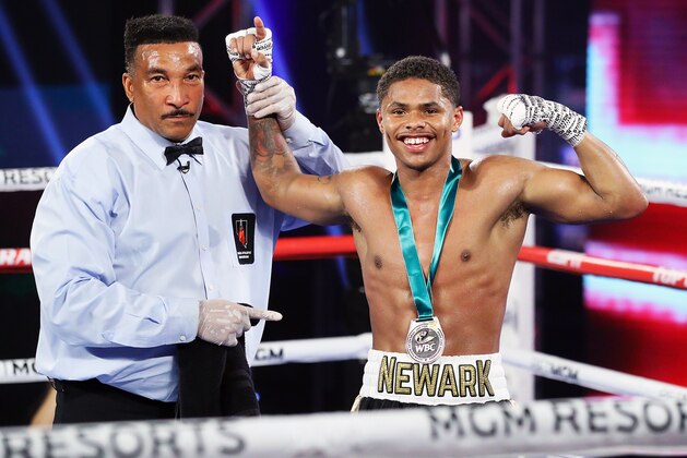 LAS VEGAS, NEVADA - JUNE 09: In this handout image provided by Top Rank, Shakur Stevenson celebrates after defeating Felix Caraballo (not pictured) by TKO in the sixth round of their super featherweight bout at MGM Grand Conference Center Grand Ballroom on June 09, 2020 in Las Vegas, Nevada. (Photo by Mikey Williams/Top Rank via Getty Images)