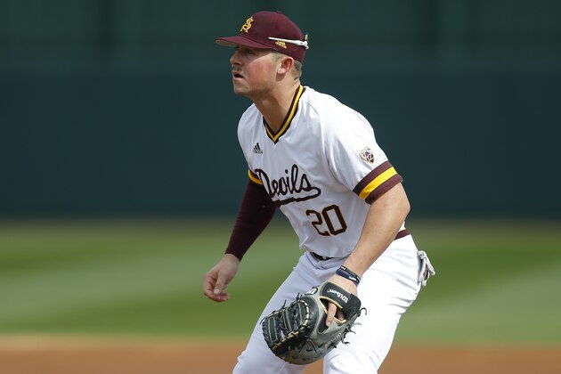 Arizona State first baseman Spencer Torkelson during an NCAA college baseball game against Notre Dame, Sunday, Feb. 17, 2019, in Phoenix. (AP Photo/Rick Scuteri)