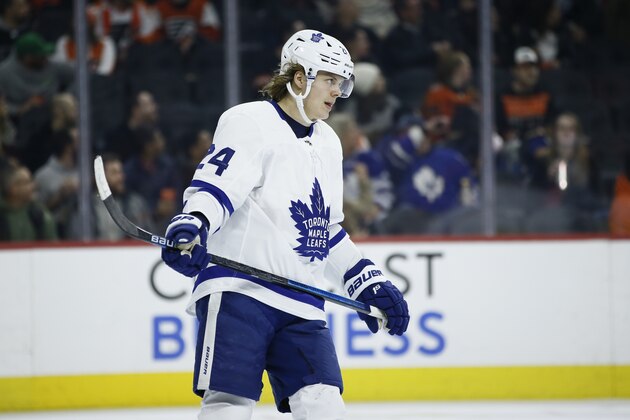 Toronto Maple Leafs' Kasperi Kapanen plays during an NHL hockey game against the Philadelphia Flyers, Tuesday, Dec. 3, 2019, in Philadelphia. (AP Photo/Matt Slocum)