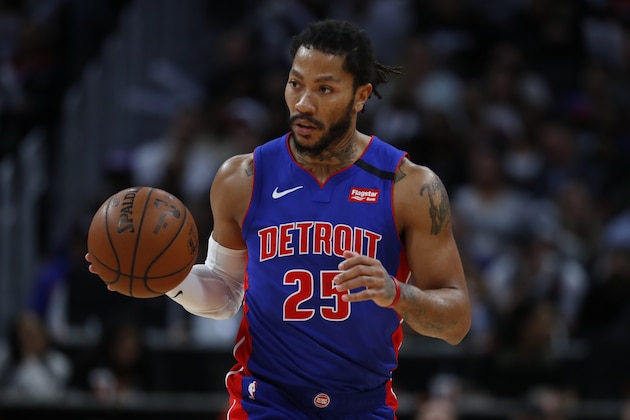 Detroit Pistons guard Derrick Rose plays against the Brooklyn Nets in the second half of an NBA basketball game in Detroit, Saturday, Jan. 25, 2020. (AP Photo/Paul Sancya)