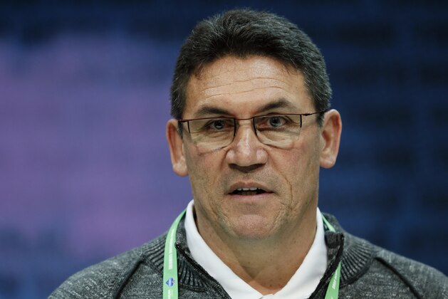 Washington Redskins head coach Ron Rivera speaks during a press conference at the NFL football scouting combine in Indianapolis, Wednesday, Feb. 26, 2020. (AP Photo/Charlie Neibergall)