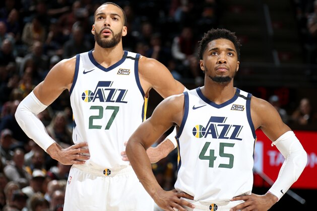 SALT LAKE CITY, UT - FEBRUARY 28: Rudy Gobert #27 of the Utah Jazz and Donovan Mitchell #45 of the Utah Jazz look on during the game against the Washington Wizards on February 28, 2020 at vivint.SmartHome Arena in Salt Lake City, Utah. NOTE TO USER: User expressly acknowledges and agrees that, by downloading and or using this Photograph, User is consenting to the terms and conditions of the Getty Images License Agreement. Mandatory Copyright Notice: Copyright 2020 NBAE (Photo by Melissa Majchrzak/NBAE via Getty Images) SALT LAKE CITY, UT - FEBRUARY 28: Rudy Gobert #27 of the Utah Jazz and Donovan Mitchell #45 of the Utah Jazz look on during the game against the Washington Wizards on February 28, 2020 at vivint.SmartHome Arena in Salt Lake City, Utah. NOTE TO USER: User expressly acknowledges and agrees that, by downloading and or using this Photograph, User is consenting to the terms and conditions of the Getty Images License Agreement. Mandatory Copyright Notice: Copyright 2020 NBAE (Photo by Melissa Majchrzak/NBAE via Getty Images)