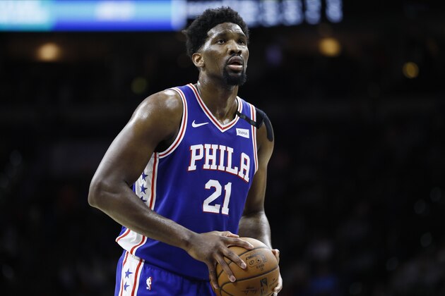 Philadelphia 76ers' Joel Embiid plays during an NBA basketball game against the Detroit Pistons, Wednesday, March 11, 2020, in Philadelphia. (AP Photo/Matt Slocum)