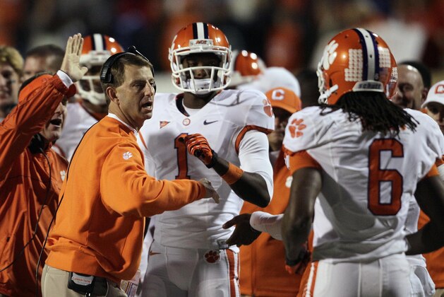 Clemson coach Dabo Swinney congratulates DeAndre Hopkins (6) following Hopkins' touchdown against Duke during the first half of an NCAA college football game in Durham, N.C., Saturday, Nov. 3, 2012. (AP Photo/Gerry Broome) Clemson coach Dabo Swinney congratulates DeAndre Hopkins (6) following Hopkins' touchdown against Duke during the first half of an NCAA college football game in Durham, N.C., Saturday, Nov. 3, 2012. (AP Photo/Gerry Broome)