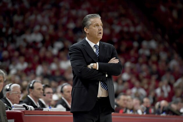 Kentucky head coach John Calipari reacts after a call against against Arkansas during the second half of an NCAA college basketball game, Saturday, Jan. 18, 2020, in Fayetteville, Arkansas. (AP Photo/Michael Woods)