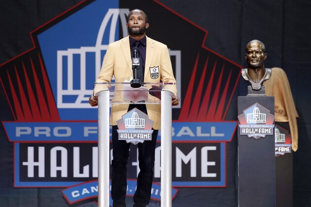 CANTON, OH - AUGUST 03: Champ Bailey speaks during his enshrinement into the Pro Football Hall of Fame at Tom Benson Hall Of Fame Stadium on August 3, 2019 in Canton, Ohio. (Photo by Joe Robbins/Getty Images)