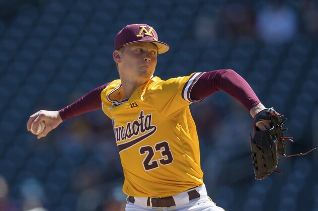 Minnesota pitcher Max Meyer throws against Oklahoma during an NCAA college baseball game, Saturday, April 20, 2019, in Minneapolis. (AP Photo/Andy Clayton-King)