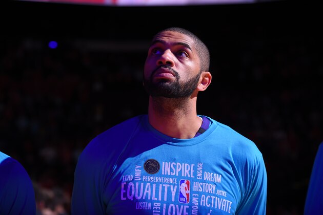 HOUSTON, TX - FEBRUARY 4: Nicolas Batum #5 of the Charlotte Hornets looks on before the game against the Houston Rockets on February 4, 2020 at the Toyota Center in Houston, Texas. NOTE TO USER: User expressly acknowledges and agrees that, by downloading and or using this photograph, User is consenting to the terms and conditions of the Getty Images License Agreement. Mandatory Copyright Notice: Copyright 2020 NBAE (Photo by Bill Baptist/NBAE via Getty Images)