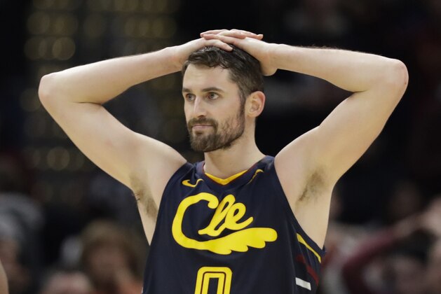 Cleveland Cavaliers' Kevin Love reacts late in the second half of an NBA basketball game against the Detroit Pistons, Tuesday, Jan. 7, 2020, in Cleveland. (AP Photo/Tony Dejak)
