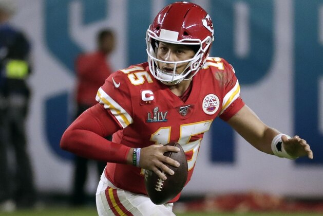 Kansas City Chiefs' quarterback Patrick Mahomes rolls out against the San Francisco 49ers during the second half of the NFL Super Bowl 54 football game Sunday, Feb. 2, 2020, in Miami Gardens, Fla. (AP Photo/Matt York)