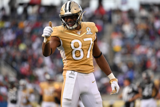 ORLANDO, FLORIDA - JANUARY 26: Jared Cook #87 of the New Orleans Saints gestures towards the fans during the 2020 NFL Pro Bowl at Camping World Stadium on January 26, 2020 in Orlando, Florida. (Photo by Mark Brown/Getty Images)