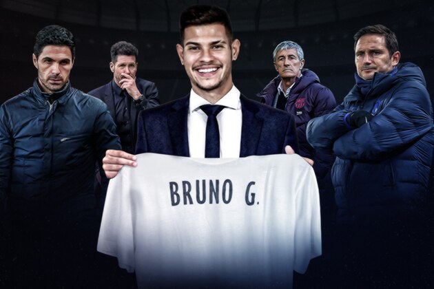 Lyon's Brazilian midfielder Bruno Guimaraes (C) holds the team's jersey flanked by Olympique Lyonnais president Jean Michel Aulas (L) and and former Olympique Lyonnais midfielder and sports director Juninho, at the Groupama stadium in Decines-Charpieu, near Lyon, central eastern France, on February 13, 2020. (Photo by JEFF PACHOUD / AFP) (Photo by JEFF PACHOUD/AFP via Getty Images)