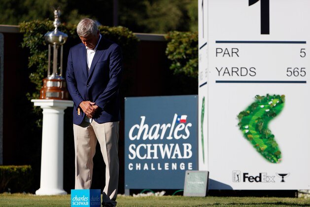 FORT WORTH, TEXAS - JUNE 11: PGA Tour Commissioner Jay Monahan leads a moment of silence to honor George Floyd during the first round of the Charles Schwab Challenge on June 11, 2020 at Colonial Country Club in Fort Worth, Texas. (Photo by Tom Pennington/Getty Images)