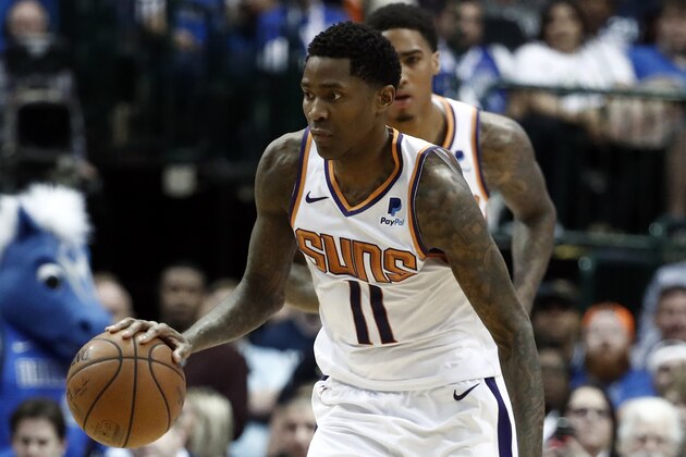 Phoenix Suns guard Jamal Crawford (11) advances the ball up court against the Dallas Mavericks in the first half of an NBA basketball game in Dallas, Tuesday, April 9, 2019. (AP Photo/Tony Gutierrez)