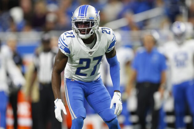 Detroit Lions cornerback Justin Coleman (27) waits on the play during the first half of an NFL football game against the Dallas Cowboys, Sunday, Nov. 17, 2019, in Detroit. (AP Photo/Paul Sancya)