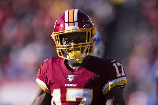 LANDOVER, MD - NOVEMBER 24: Terry McLaurin #17 of the Washington Redskins reacts after a catch against the Detroit Lions during the first half at FedExField on November 24, 2019 in Landover, Maryland. (Photo by Scott Taetsch/Getty Images)