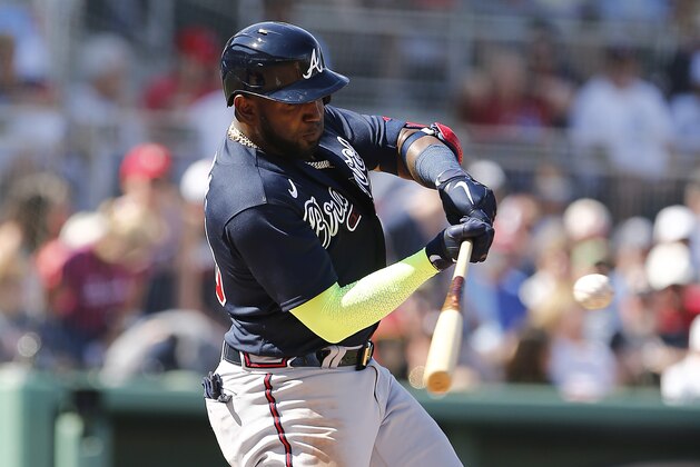 FORT MYERS, FLORIDA - MARCH 01:  Marcell Ozuna #20 of the Atlanta Braves at bat against the Boston Red Sox during a Grapefruit League spring training game at JetBlue Park at Fenway South on March 01, 2020 in Fort Myers, Florida. (Photo by Michael Reaves/Getty Images)