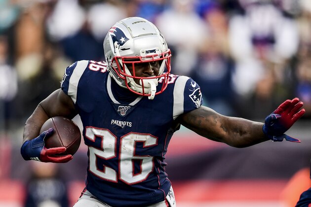 FOXBOROUGH, MA - DECEMBER 29: Sony Michel #26 of the New England Patriots carries the ball during the third quarter of a game against the Miami Dolphins at Gillette Stadium on December 29, 2019 in Foxborough, Massachusetts. (Photo by Billie Weiss/Getty Images)