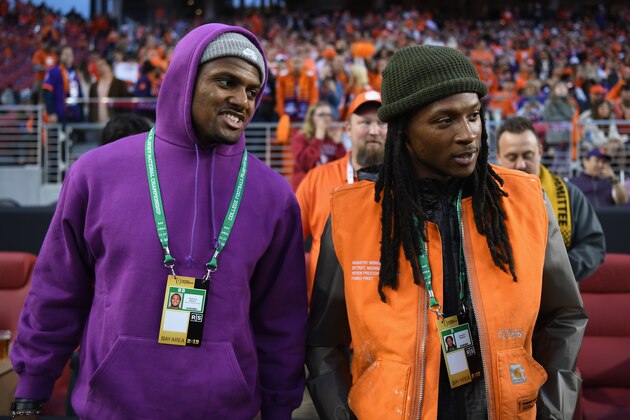 SANTA CLARA, CA - JANUARY 07:  Deshaun Watson and DeAndre Hopkins of the Houston Texans look on prior to the CFP National Championship between the Alabama Crimson Tide and the Clemson Tigers presented by AT&T at Levi's Stadium on January 7, 2019 in Santa Clara, California.  (Photo by Thearon W. Henderson/Getty Images)