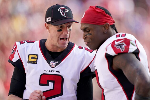 SANTA CLARA, CALIFORNIA - DECEMBER 15: Quarterback Matt Ryan #2 and wide receiver Julio Jones #11 of the Atlanta Falcons talk on the sidlines during the game against the San Francisco 49ers at Levi's Stadium on December 15, 2019 in Santa Clara, California. (Photo by Thearon W. Henderson/Getty Images)