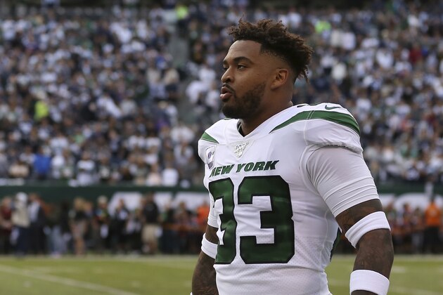 New York Jets strong safety Jamal Adams (33) looks on before the first half of an NFL football game against the Dallas Cowboys, Sunday, Oct. 13, 2019, in East Rutherford, N.J. (AP Photo/Steve Luciano)